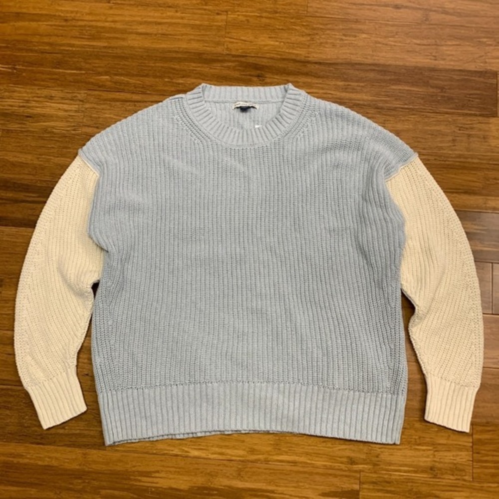 American Eagle Color Block Sweater Women XS Blue Cream Knit Pullover Long Sleeve